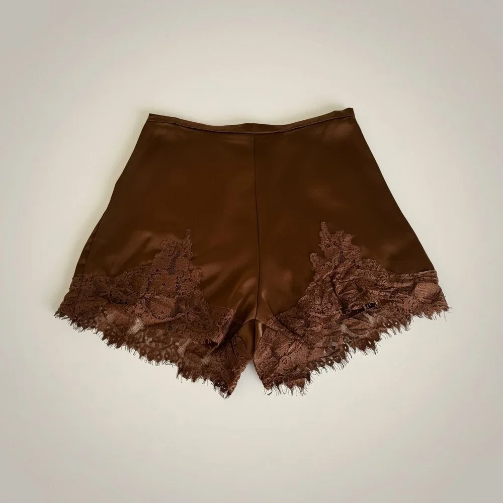 Brown Lace-Trim Silky Satin Shorts Size: S - Loungewear as Outerwear - Picture 2 of 12